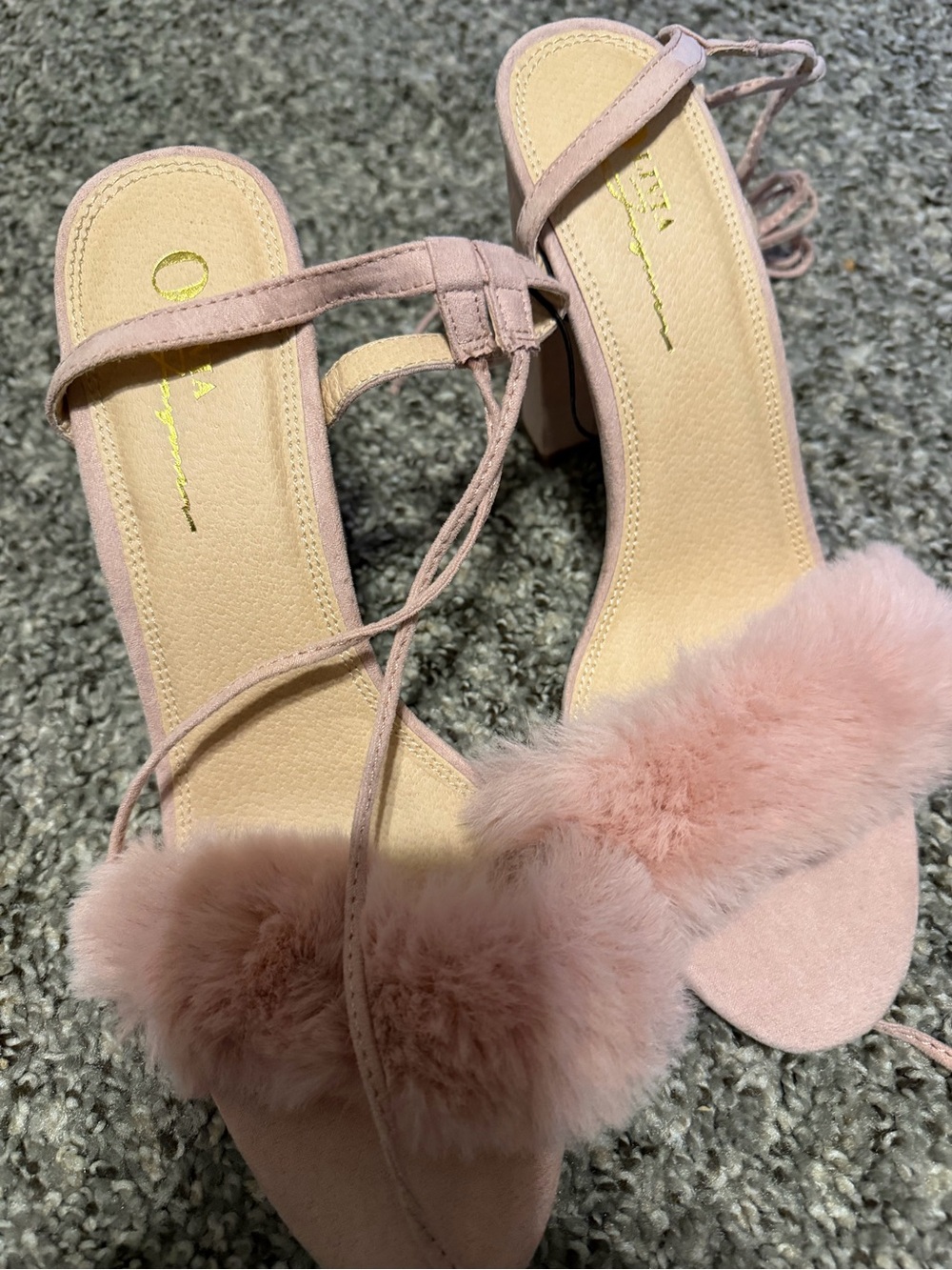 PINK Victoria's Secret Blush Pink Faux Fur Strappy Block Heels